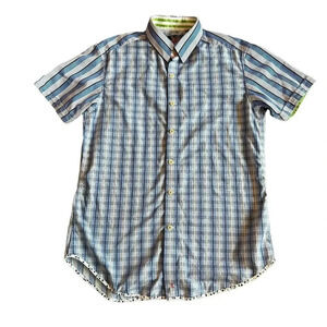 Robert Graham X Short Sleeve Button-Down Shirt Plaid Check Blue Size Medium Mens